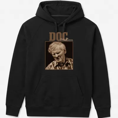 Vintage-style Doc Watson t-shirt with sepia-toned printed text — printed on a unisex hoodie