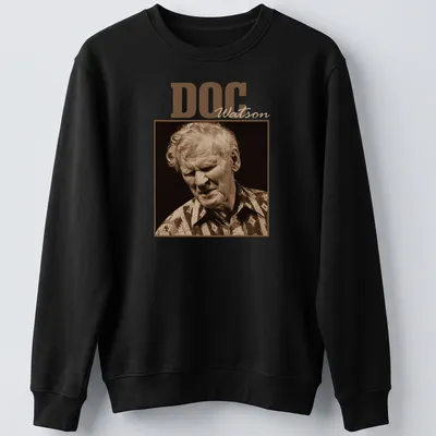 Vintage-style Doc Watson t-shirt with sepia-toned printed text — printed on a unisex sweatshirt