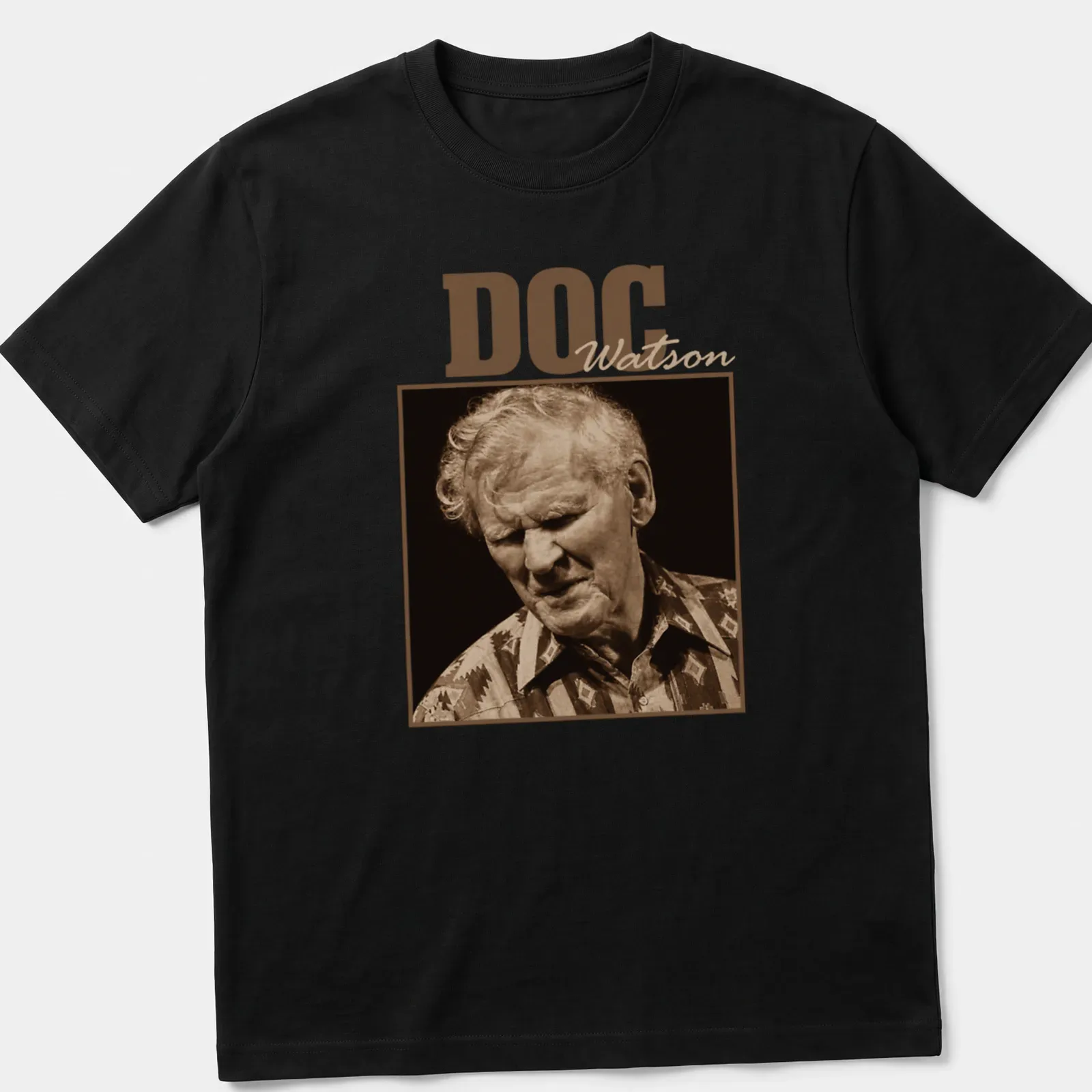 Vintage-style Doc Watson t-shirt with sepia-toned printed text — printed on a unisex t-shirt