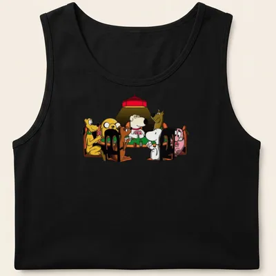 Cartoon of dogs playing poker in various colors, showcasing humor and camaraderie — printed on a tank top