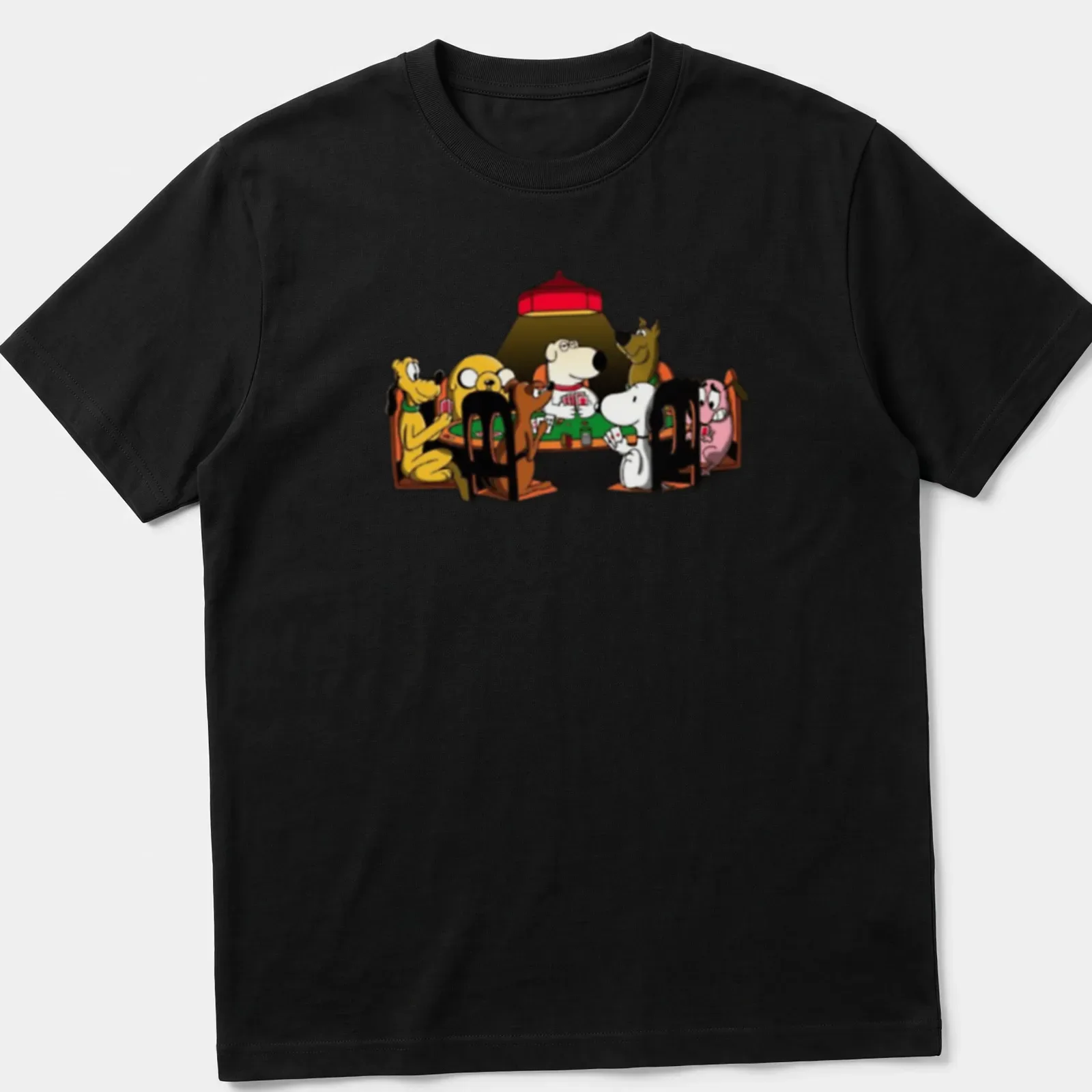 Cartoon of dogs playing poker in various colors, showcasing humor and camaraderie — printed on a unisex t-shirt
