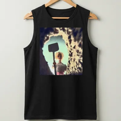 Distressed T-shirt featuring a whimsical doll face design in light blue and pink. — printed on a tank top