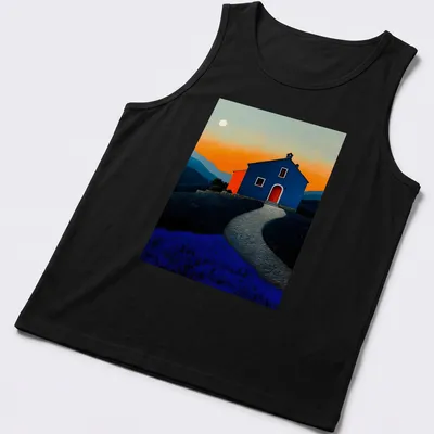 Dreamy landscape t-shirt with a blue house at sunset, featuring orange and lavender hues — printed on a tank top