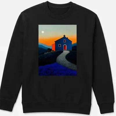 Dreamy landscape t-shirt with a blue house at sunset, featuring orange and lavender hues — printed on a unisex sweatshirt