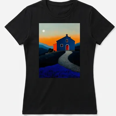 Dreamy landscape t-shirt with a blue house at sunset, featuring orange and lavender hues — printed on a women's shirt