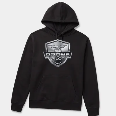 3D metallic design featuring a drone with the text Drone Pilot — printed on a unisex hoodie