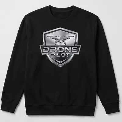 3D metallic design featuring a drone with the text Drone Pilot — printed on a unisex sweatshirt