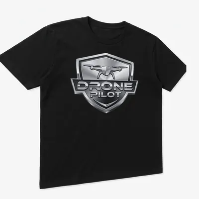 3D metallic design featuring a drone with the text Drone Pilot — printed on a unisex t-shirt (angled view)