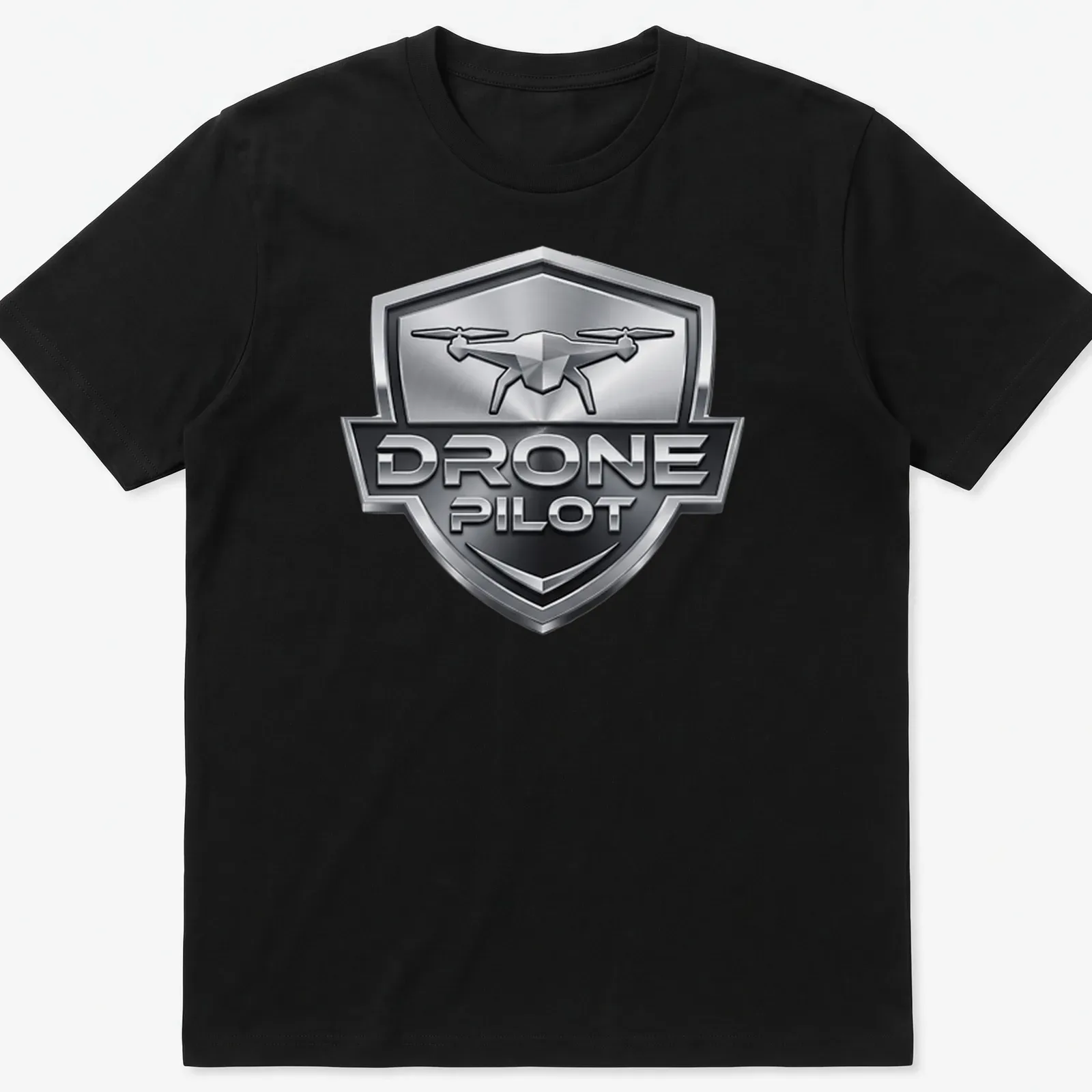 3D metallic design featuring a drone with the text Drone Pilot — printed on a unisex t-shirt