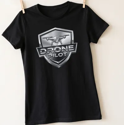 3D metallic design featuring a drone with the text Drone Pilot — printed on a women's shirt