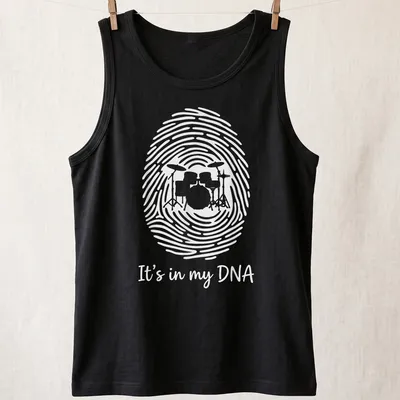 Fingerprint design t-shirt featuring a drum set and the text It's in my DNA — printed on a tank top