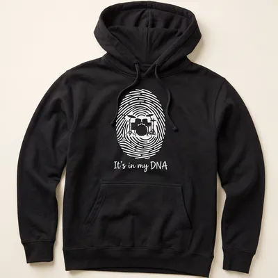 Fingerprint design t-shirt featuring a drum set and the text It's in my DNA — printed on a unisex hoodie