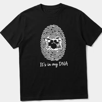 Fingerprint design t-shirt featuring a drum set and the text It's in my DNA