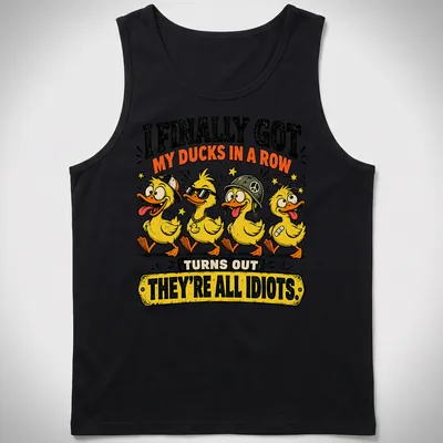 Vintage cartoon design featuring four ducks and humorous text about chaos. — printed on a tank top