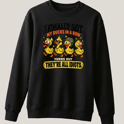 Vintage cartoon design featuring four ducks and humorous text about chaos. — printed on a unisex sweatshirt