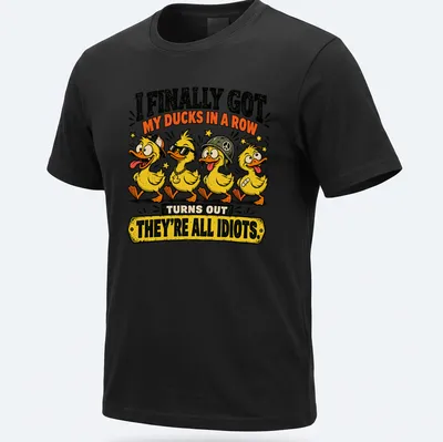 Vintage cartoon design featuring four ducks and humorous text about chaos.