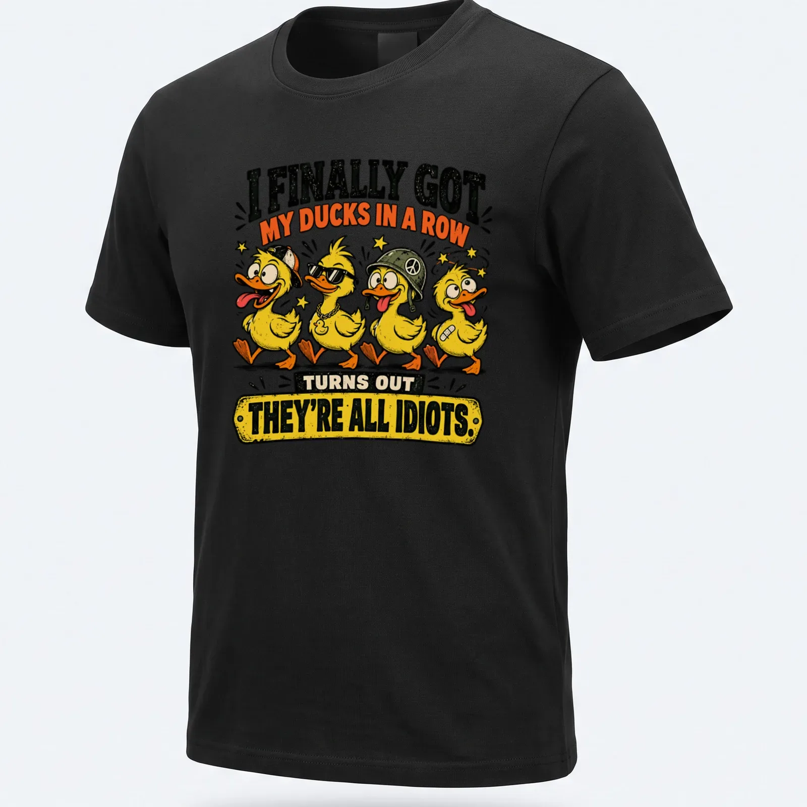 Vintage cartoon design featuring four ducks and humorous text about chaos. — printed on a unisex t-shirt