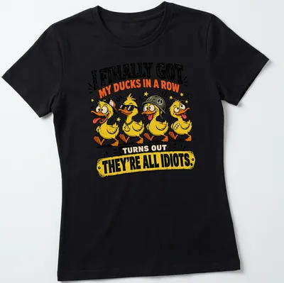 Vintage cartoon design featuring four ducks and humorous text about chaos. — printed on a women's shirt