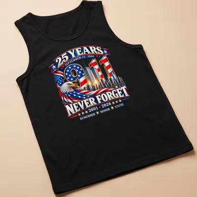 Patriotic eagle design honoring 9/11 with skyline and text — printed on a tank top