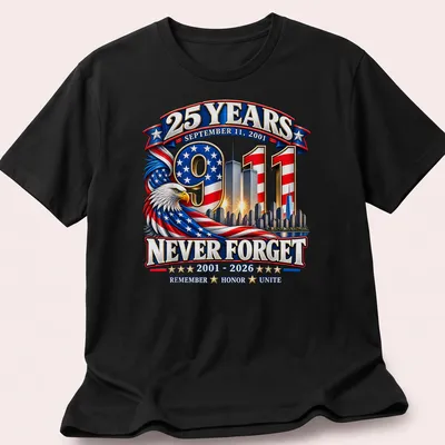 Patriotic eagle design honoring 9/11 with skyline and text