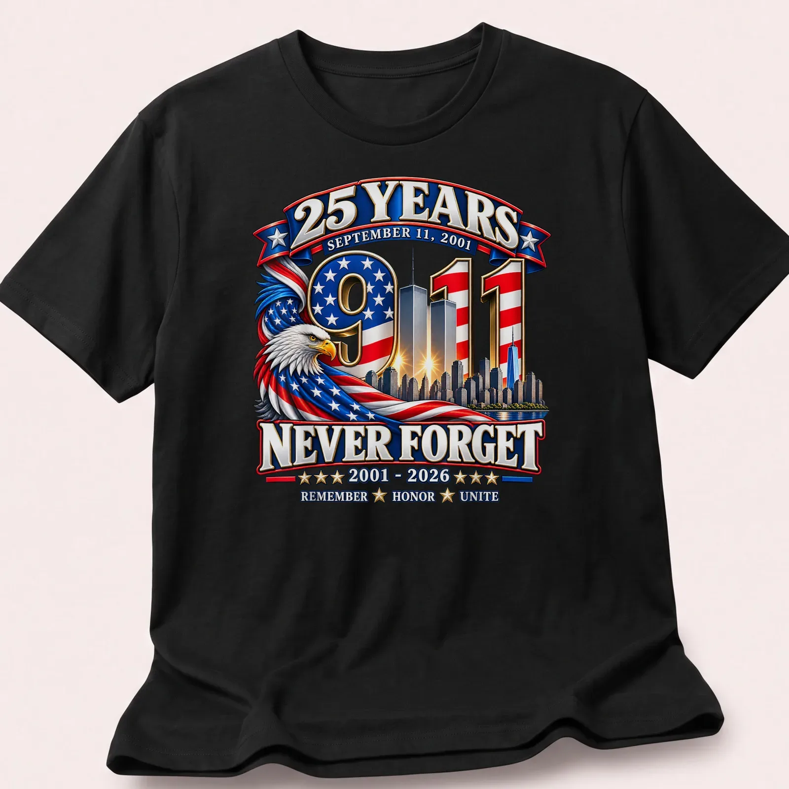 Patriotic eagle design honoring 9/11 with skyline and text — printed on a unisex t-shirt