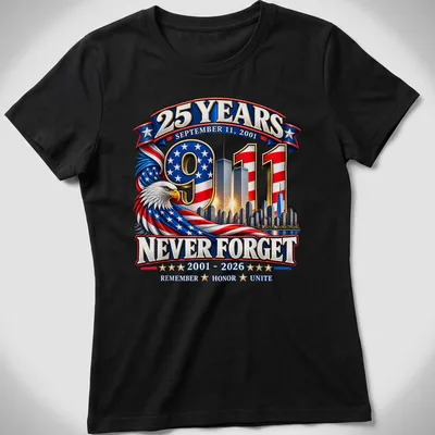 Patriotic eagle design honoring 9/11 with skyline and text — printed on a women's shirt