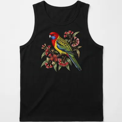 Vintage print of an Eastern Rosella parrot on a flowering branch in vibrant colors — printed on a tank top