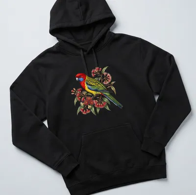 Vintage print of an Eastern Rosella parrot on a flowering branch in vibrant colors — printed on a unisex hoodie