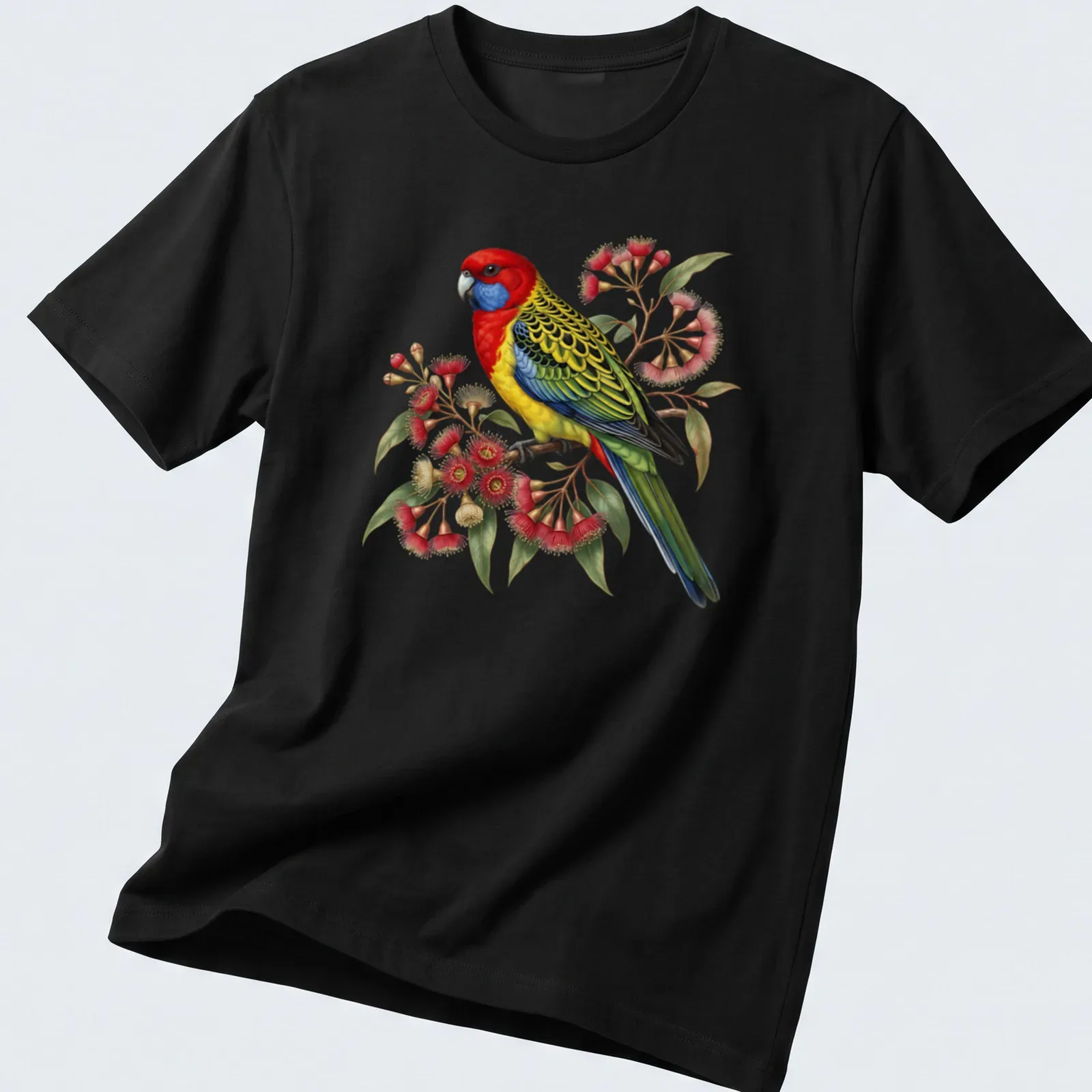 Vintage print of an Eastern Rosella parrot on a flowering branch in vibrant colors — printed on a unisex t-shirt