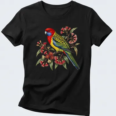 Vintage print of an Eastern Rosella parrot on a flowering branch in vibrant colors — printed on a women's shirt