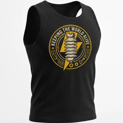 Circular emblem design showcasing 'Keeping The World Alive' with lineman badge — printed on a tank top