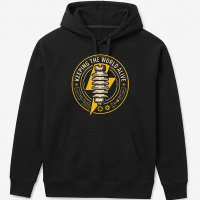 Circular emblem design showcasing 'Keeping The World Alive' with lineman badge — printed on a unisex hoodie