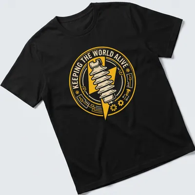 Circular emblem design showcasing 'Keeping The World Alive' with lineman badge — printed on a unisex t-shirt