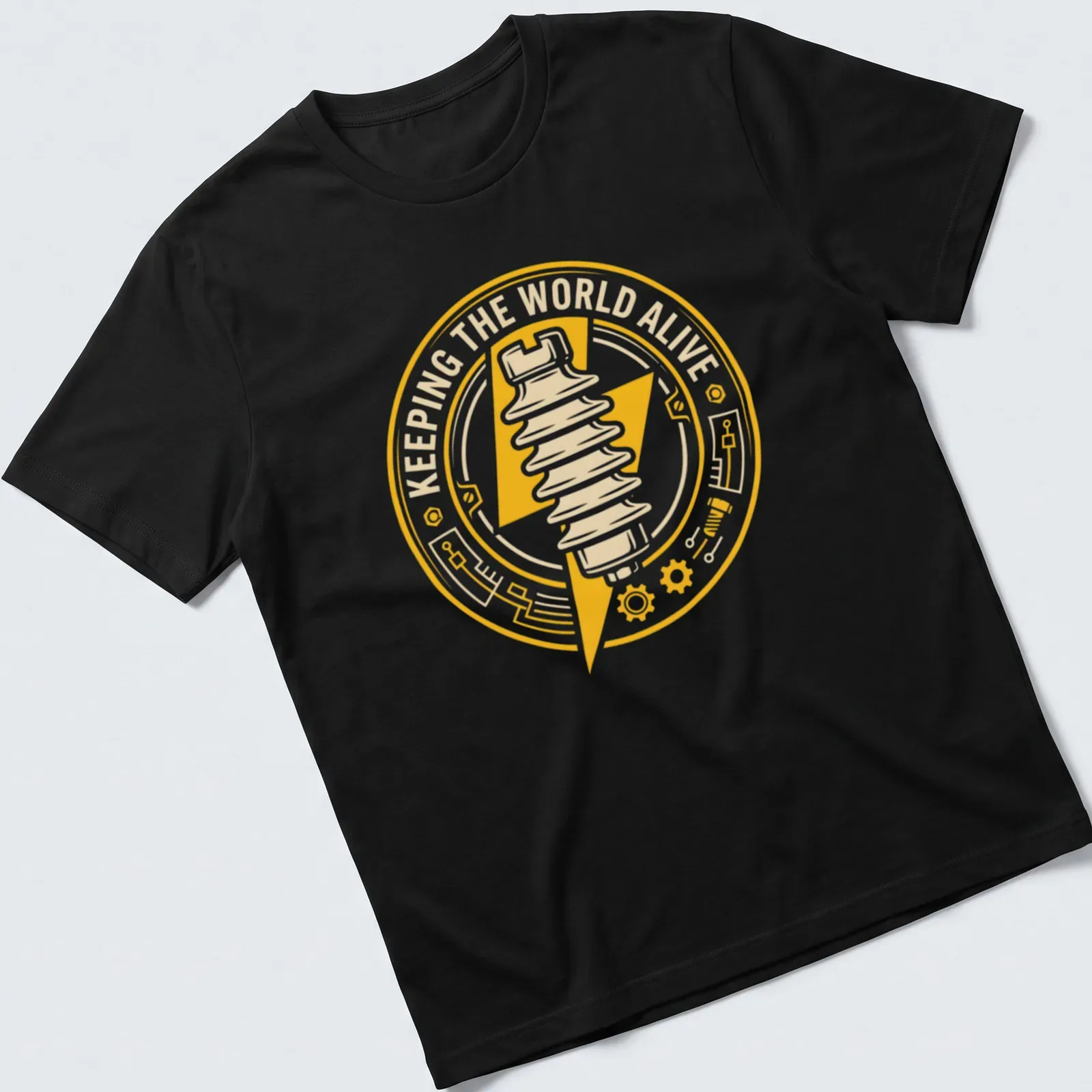 Circular emblem design showcasing 'Keeping The World Alive' with lineman badge — printed on a unisex t-shirt