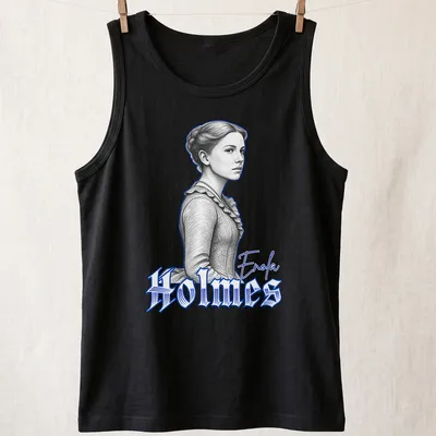 Illustration of Enola Holmes in a detailed sketch with blue accents — printed on a tank top