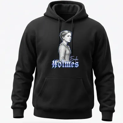 Illustration of Enola Holmes in a detailed sketch with blue accents — printed on a unisex hoodie