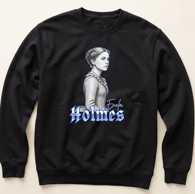 Illustration of Enola Holmes in a detailed sketch with blue accents — printed on a unisex sweatshirt