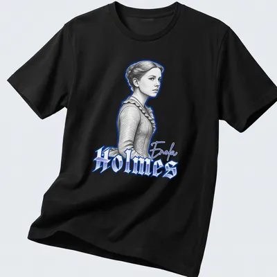 Illustration of Enola Holmes in a detailed sketch with blue accents — printed on a unisex t-shirt