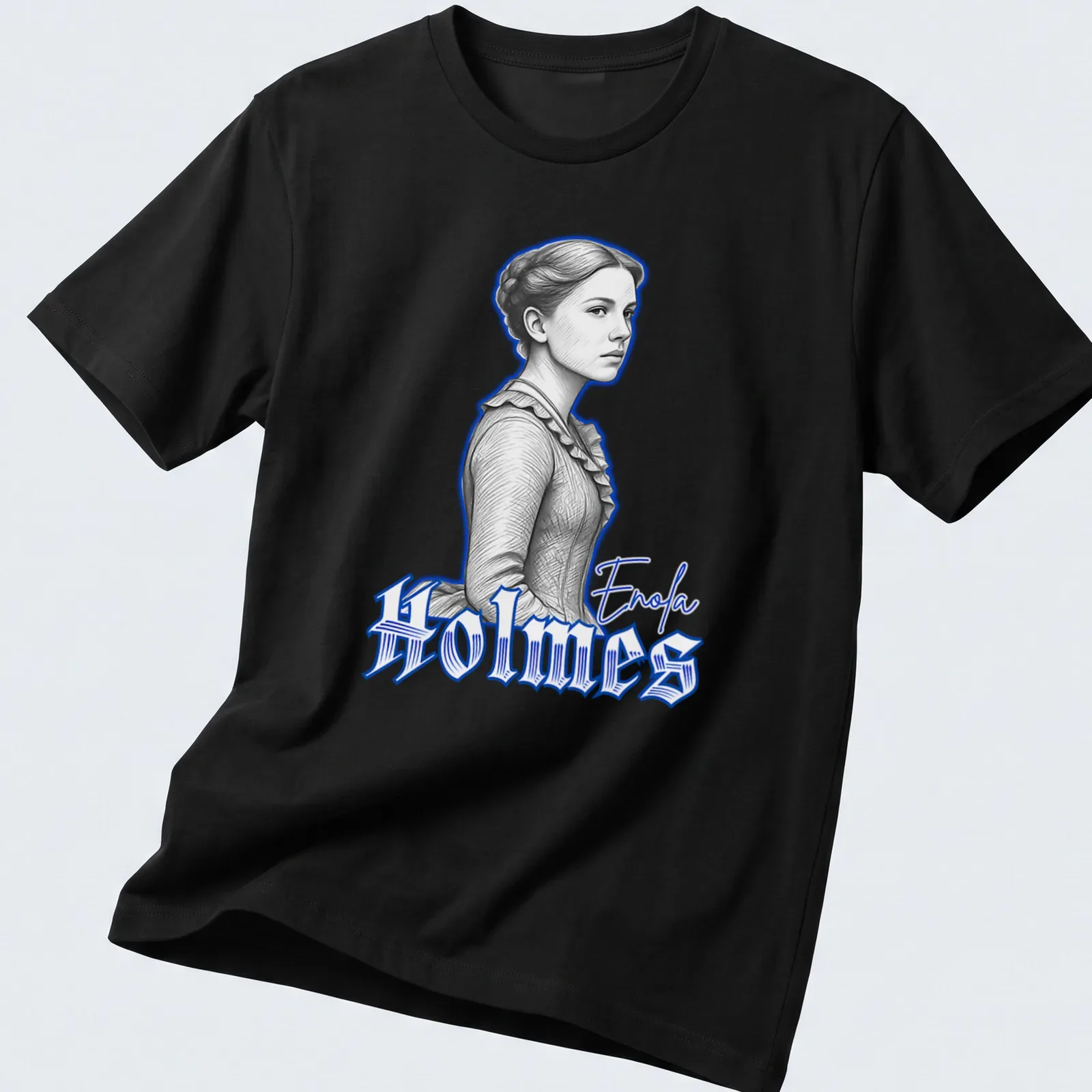 Illustration of Enola Holmes in a detailed sketch with blue accents — printed on a unisex t-shirt