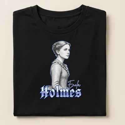 Illustration of Enola Holmes in a detailed sketch with blue accents — printed on a women's shirt