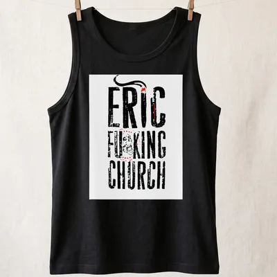Bold typography Eric Church T-shirt with distressed lettering in black, red, and white — printed on a tank top