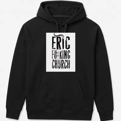 Bold typography Eric Church T-shirt with distressed lettering in black, red, and white — printed on a unisex hoodie