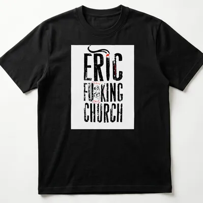 Bold typography Eric Church T-shirt with distressed lettering in black, red, and white