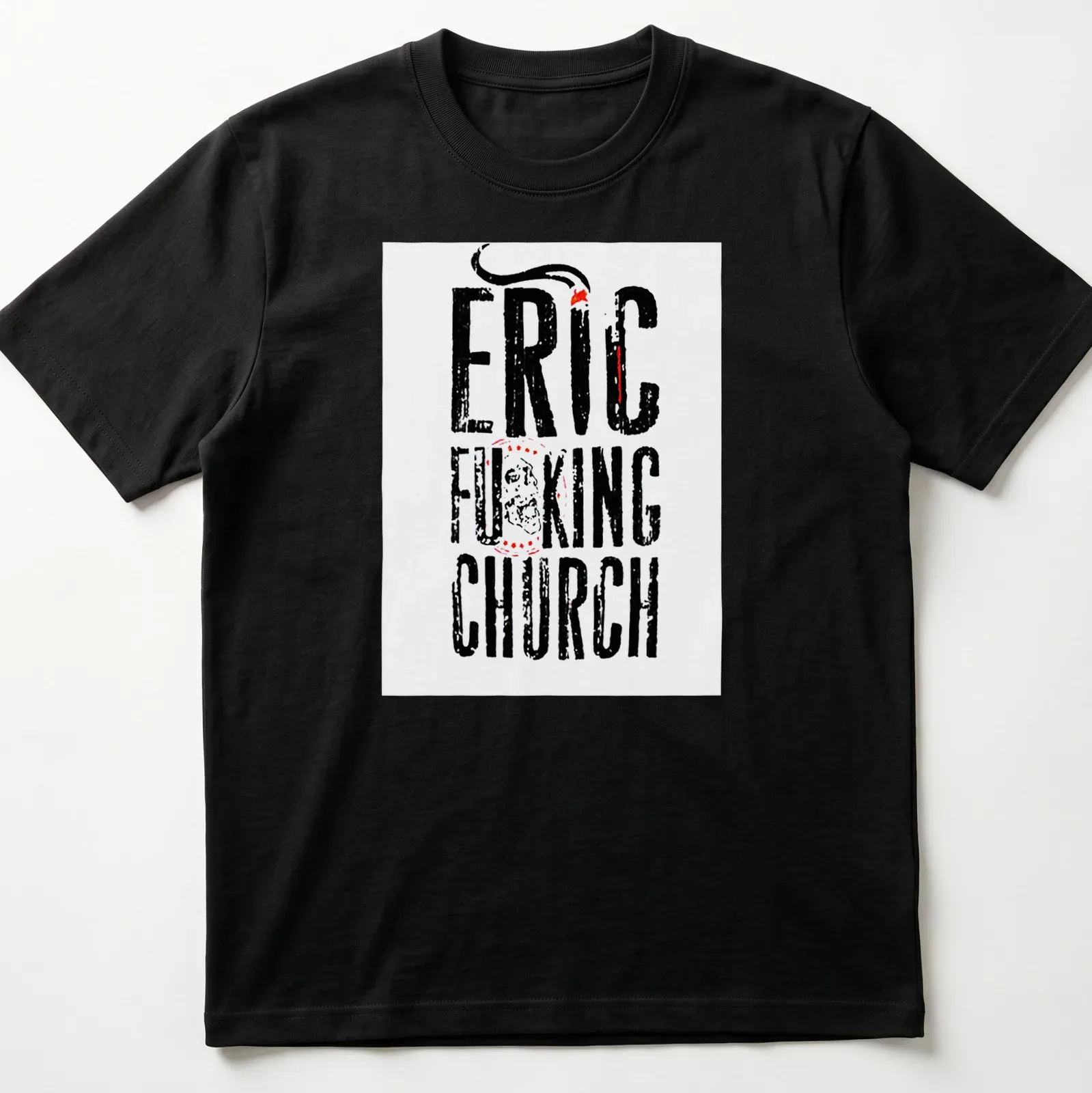 Bold typography Eric Church T-shirt with distressed lettering in black, red, and white — printed on a unisex t-shirt