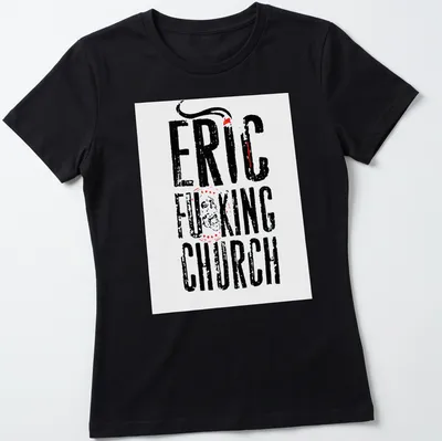 Bold typography Eric Church T-shirt with distressed lettering in black, red, and white — printed on a women's shirt