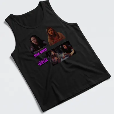 Graphic of Fear Street characters with the text 'Fear Street Shadyside Witches' in purple, black, brown, and cream. — printed on a tank top