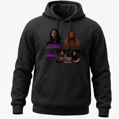 Graphic of Fear Street characters with the text 'Fear Street Shadyside Witches' in purple, black, brown, and cream. — printed on a unisex hoodie
