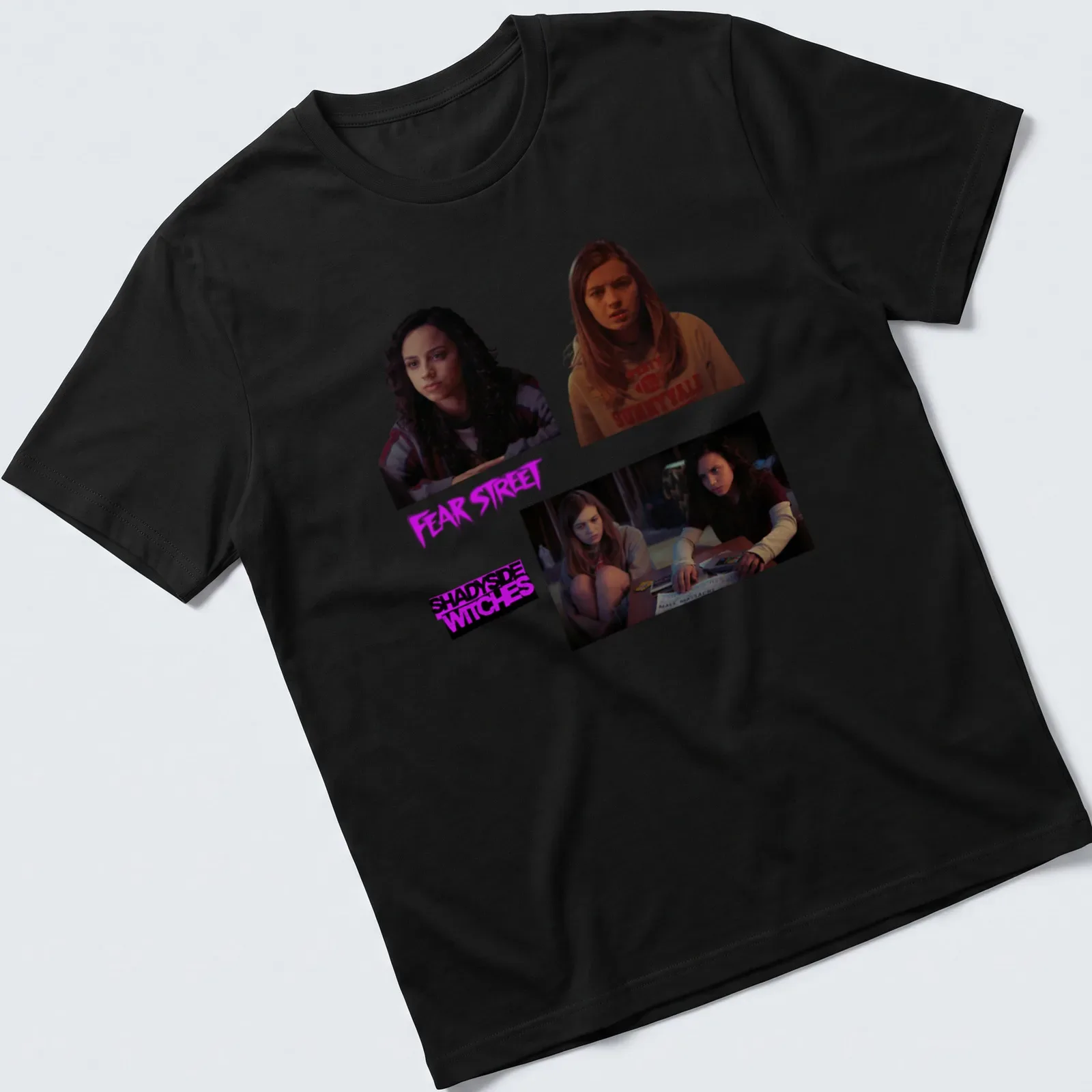 Graphic of Fear Street characters with the text 'Fear Street Shadyside Witches' in purple, black, brown, and cream. — printed on a unisex t-shirt