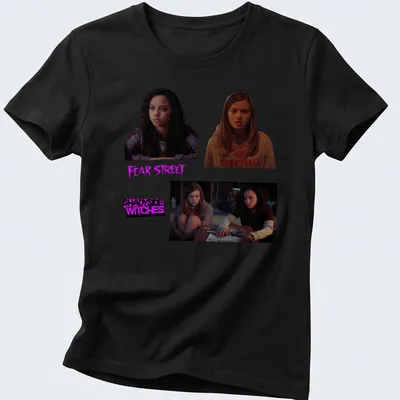 Graphic of Fear Street characters with the text 'Fear Street Shadyside Witches' in purple, black, brown, and cream. — printed on a women's shirt