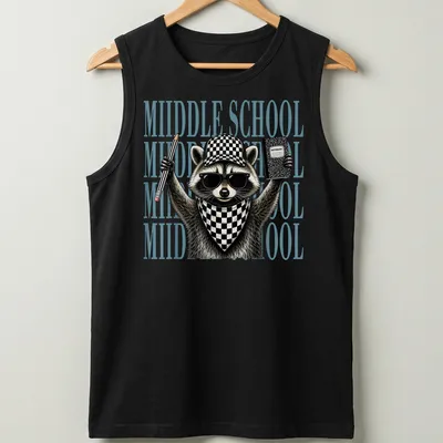 Detailed illustration of a feral raccoon with text reading 'MIIDDLE SCHOOL' in black and light blue — printed on a tank top